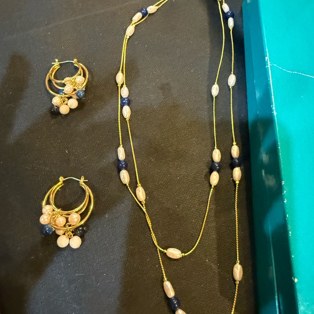 Jennifer Moore Gold and Blue Hoop Earrings & Necklace Set